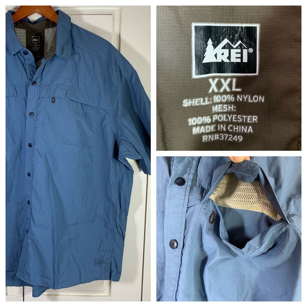 REI Mens XXL Blue Short Sleeve Nylon Polyester Button Up Outdoor Hiking Shirt